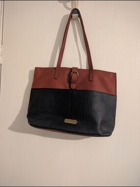 Two-Tone Black and Brown Tote with Buckle Accent